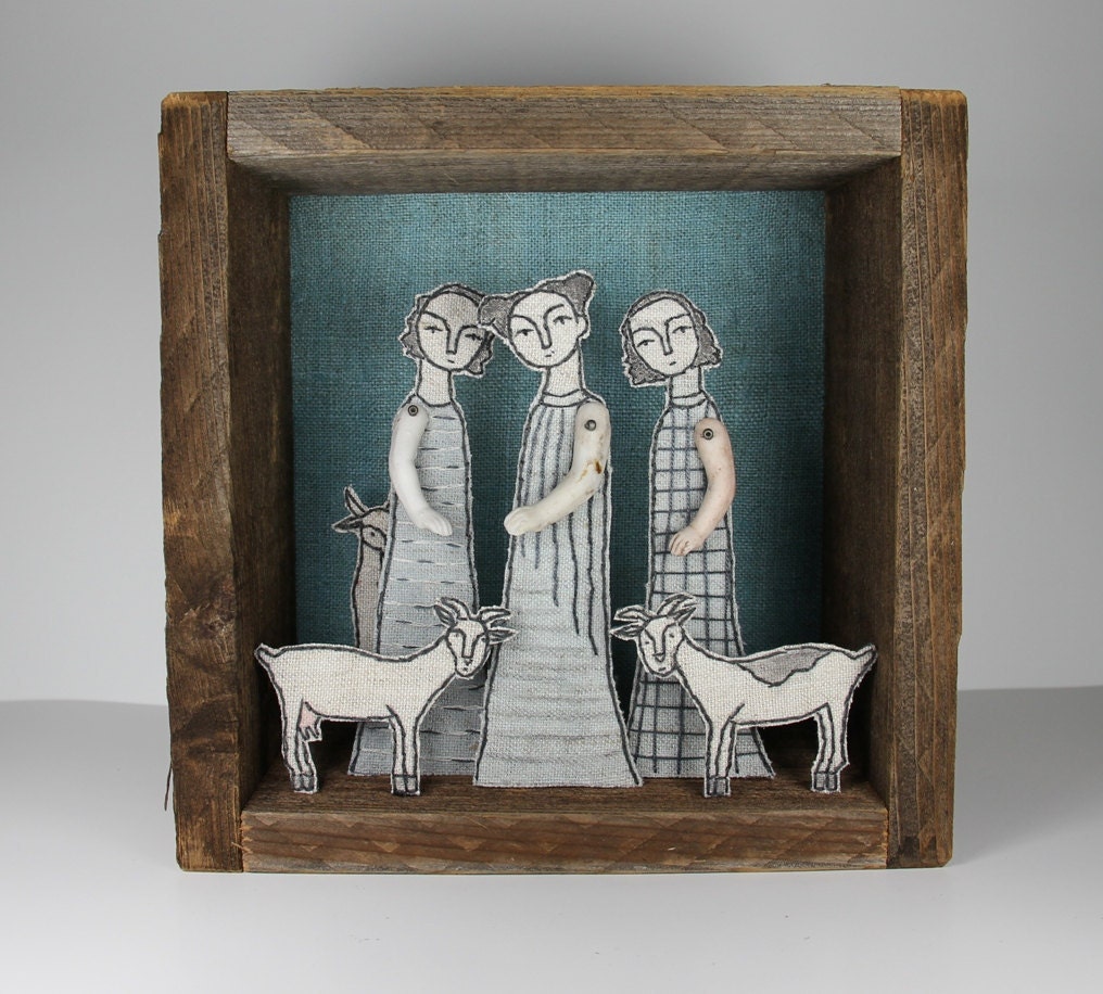 Reserved for Mpanayides fiber art diorama - girls and goats