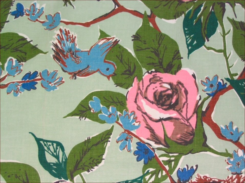 Vintage 1950's - Rose - Bluebird-Nest - Butterfly Cotton Upholstery Motif Fabric