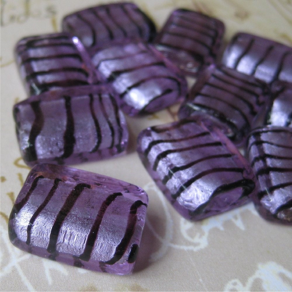 Purple silver lined striped glass rectangle beads - 11