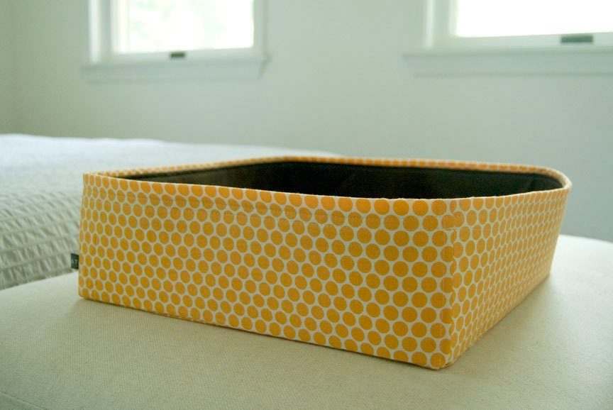 Modern Cat Bed in orange and white circle dot pattern fabric with chocolate brown interior fabric