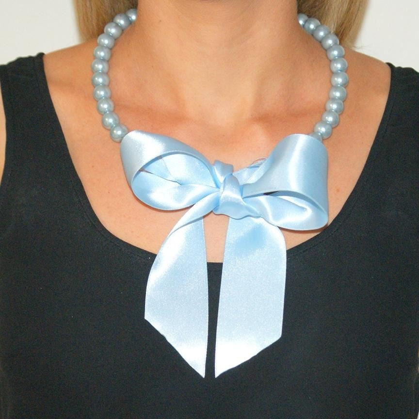 Statement necklace pearl necklace pastel blue necklace ribbon bow necklace bib necklace beaded baby blue pearls large bow -Alice Necklacce