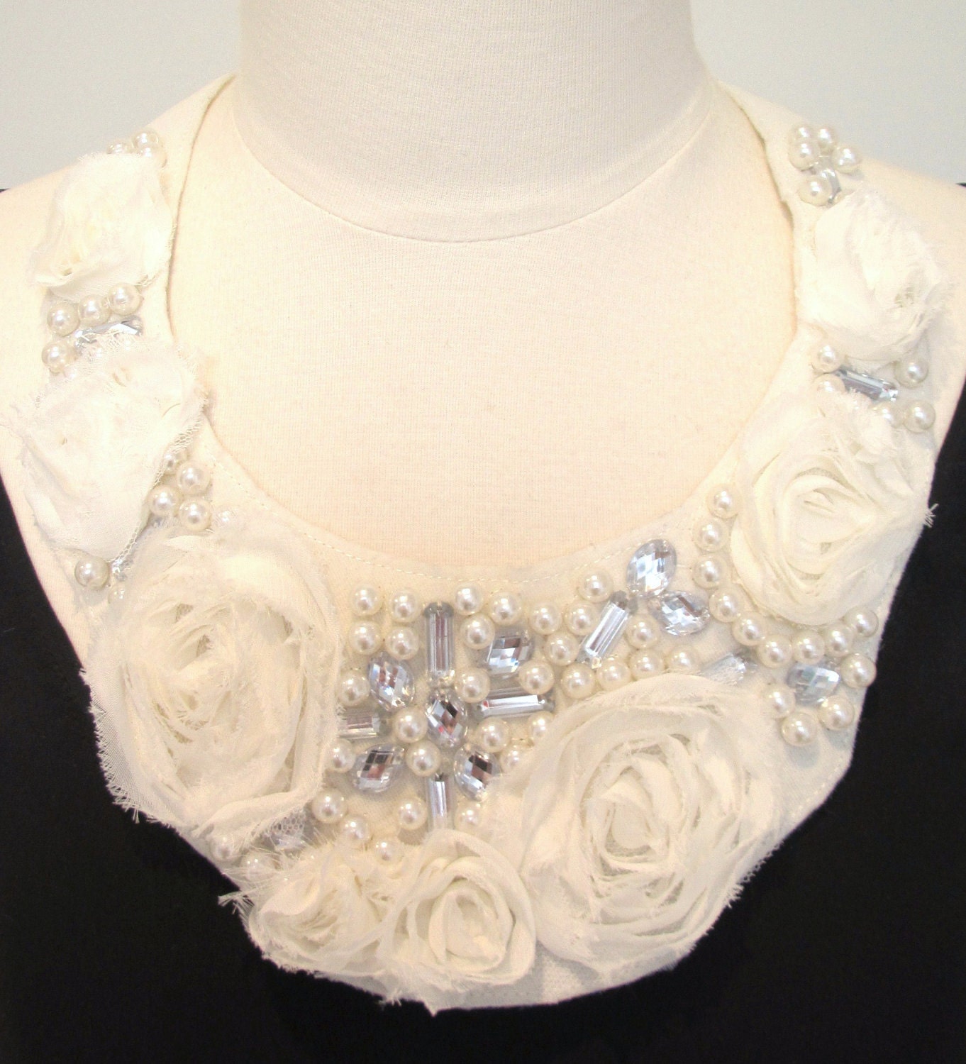 Statement necklace wedding necklace white bib necklace ribbon bow necklace pearl rhinestone necklace-Fairytale Necklace