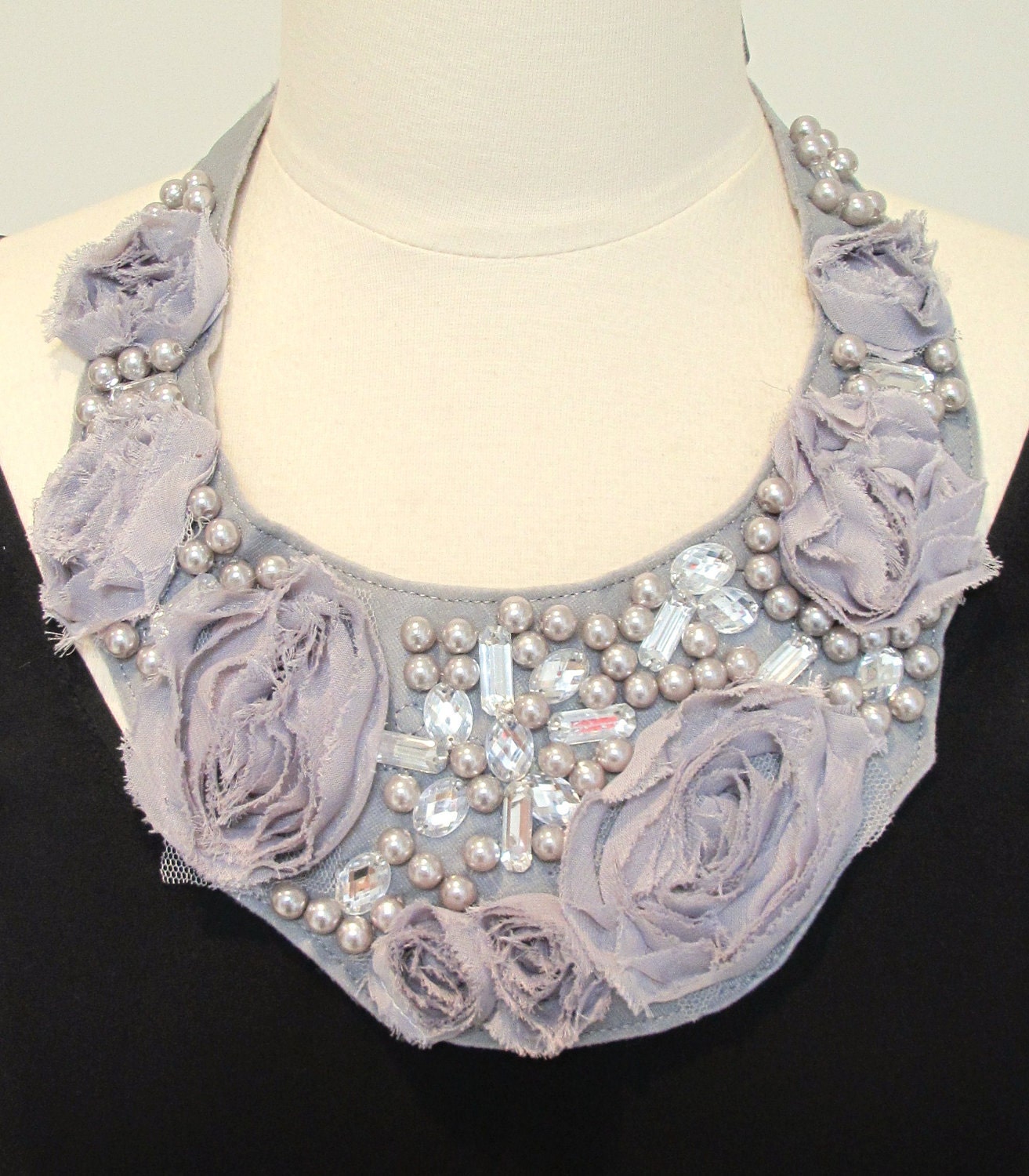 Jeweled bib necklace statement necklace grey bow necklace rhinestone necklace blue grey pearl necklace beaded jewels-Palace Jewels Necklace