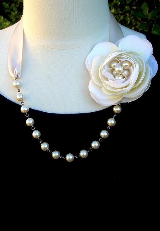 Bridal necklace statement necklace wedding necklace cream flower necklace pearl necklace bow necklace beaded-Eternal Elegance Necklace