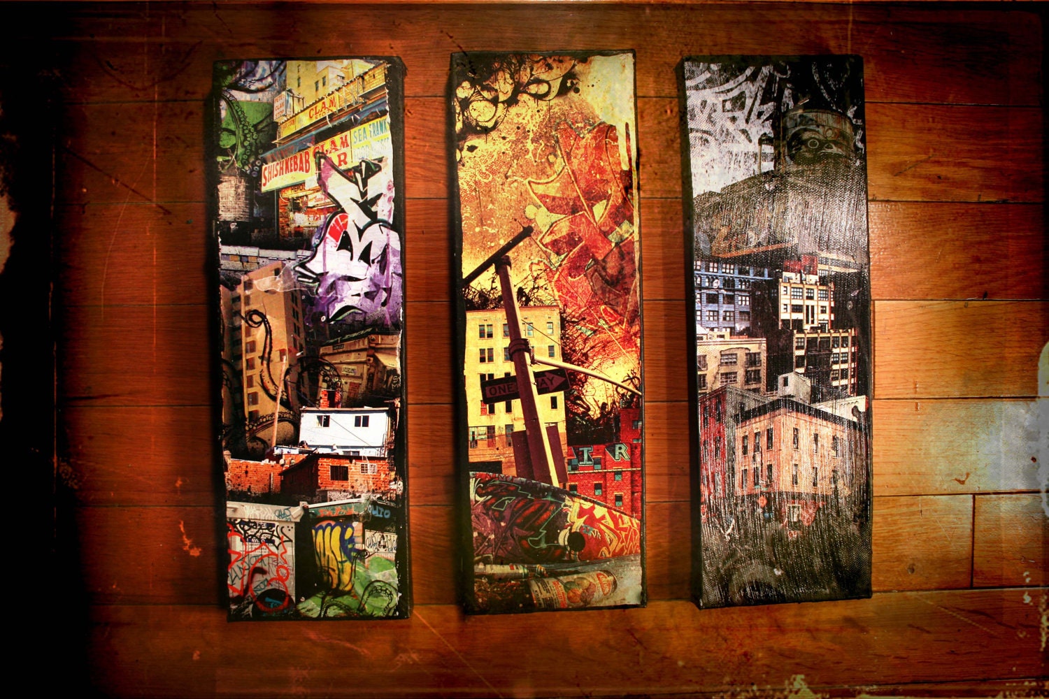 3 Pieces set (triptych) - Any 4''X12'' - Graffiti  Collage - Mixed media on canvas - therawart