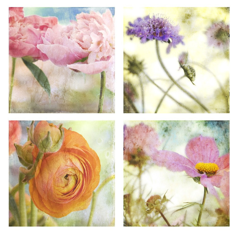 Flower Photography, Shabby Chic Floral Print Set - Perfect pink, tangerine orange and lavender blooms for springtime decor.
