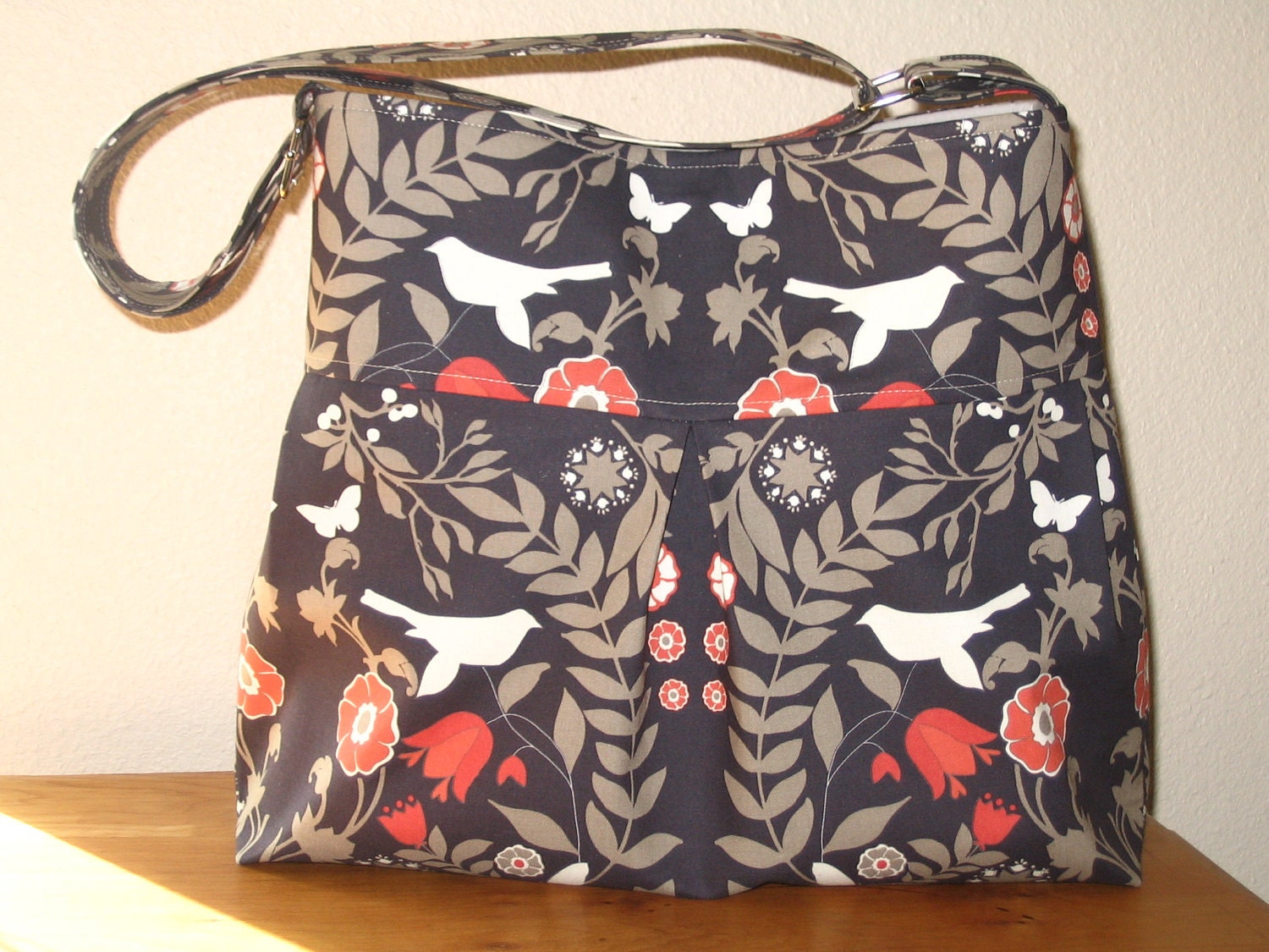 Cross Body Pleated Hobo Messenger Bird Bag Purse Diaper Bag Tote Bag with Adjustable Strap Ty Pennington's Foliage in Charcoal - Large