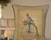 Robin on Vintage Bike Postcard Pillow