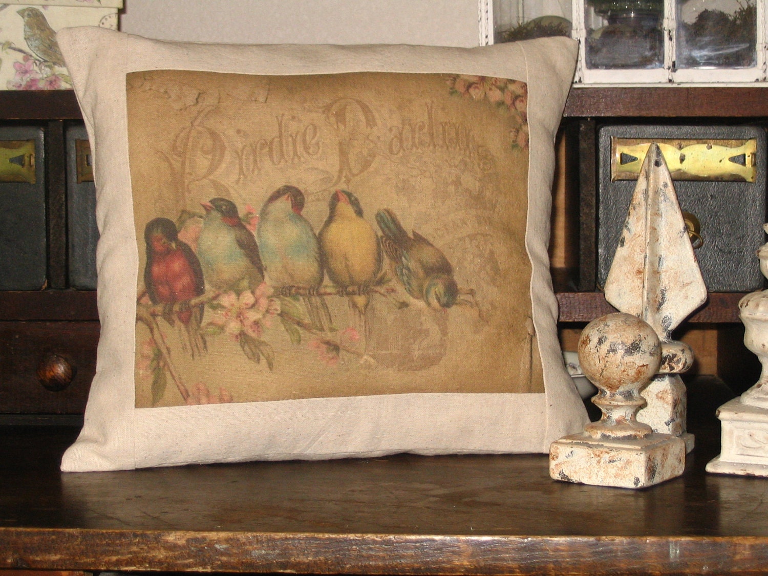 Rainbow of French Birds Postcard Bird Throw Pillow