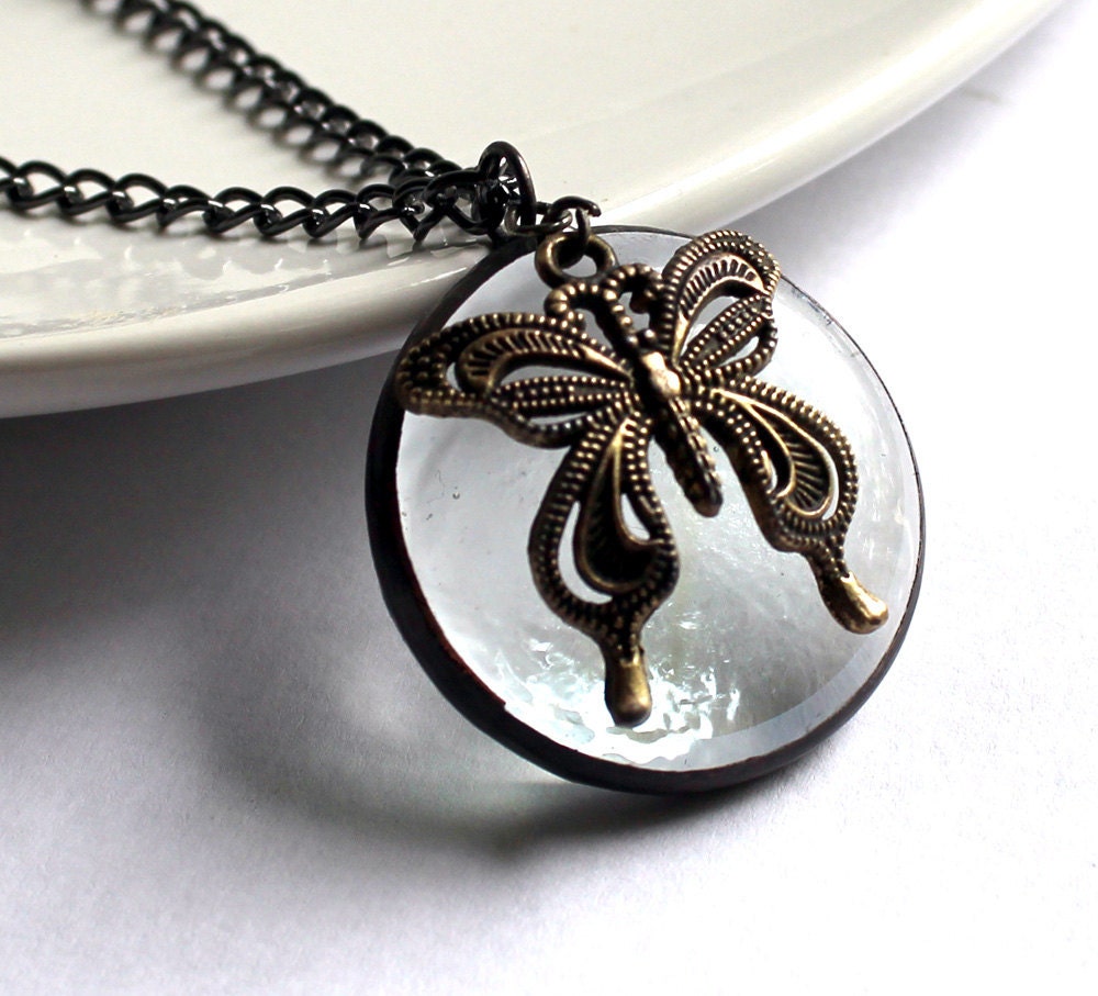Stained Glass Jewelry Necklace -  Clear Glass Cabachon Butterfly