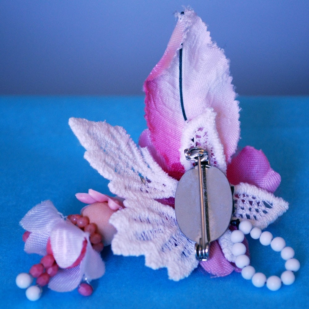 handmade spring pin brooch corsage - vintage beads lace - wire wrapped - little doll charm - pink white - hand painted face - lucite glass wood ribbon - retro style - shabby chic