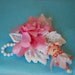 handmade spring pin brooch corsage - vintage beads lace - wire wrapped - little doll charm - pink white - hand painted face - lucite glass wood ribbon - retro style - shabby chic