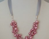 BRIDESMAID GIFT Hot Pink Pearl & Gray Ribbon Cluster WEDDING Bridal Necklace