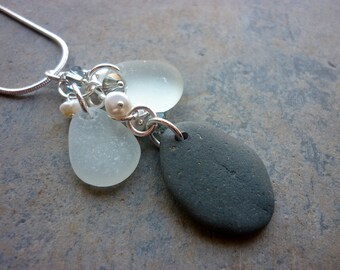 Sea Glass Necklace  - Beach Stone Gray Seaglass