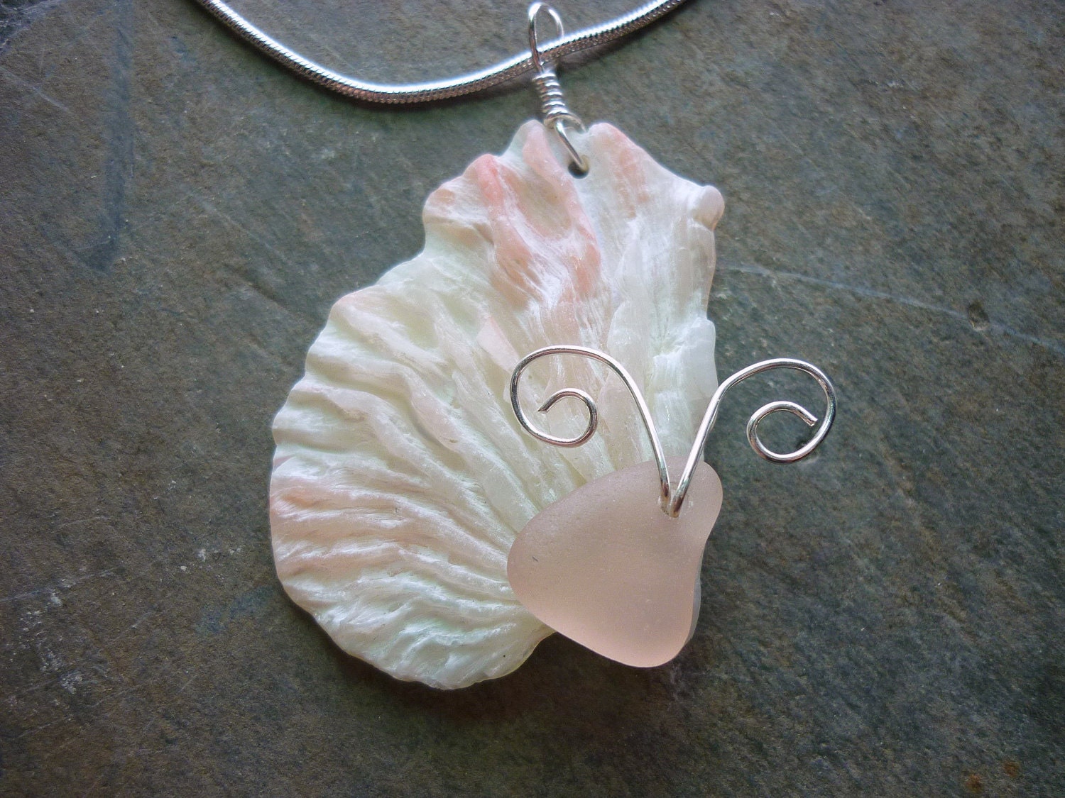 Pink Sea Glass Necklace - Seashell Butterfly Wings Beach Seaglass