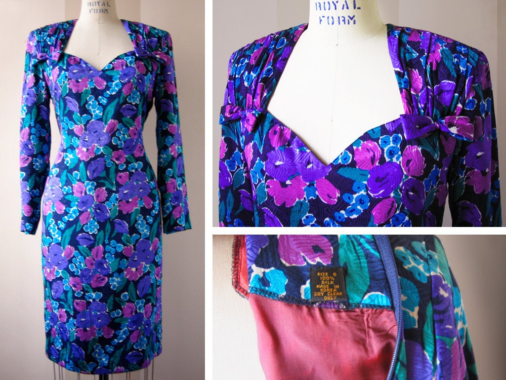long sleeve sweetheart floral silk dress