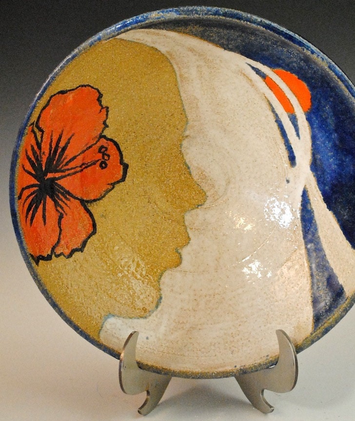 Ceramic Bowl: Women with Hibiscus Flower Red Stoneware Pottery