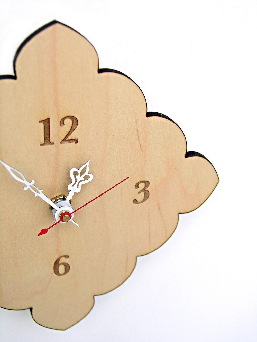 kitchen clock -  tiny scallop clock - scarlet, light blue, natural birch