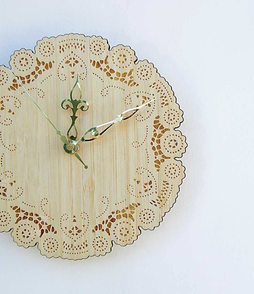 rustic cottage chic bamboo doily clock with brass hands