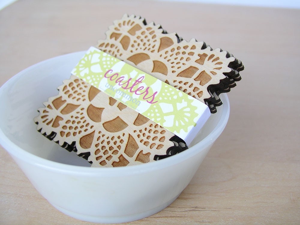 square doily coasters with natural woodgrain