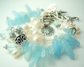 Aquamarine bracelet, chunky pearl charm bracelet, pale blue double strand,... AQUAMARINE DREAMS