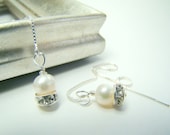 Pearl earrings, long sterling threads, sterling silver chain, rhinestones... PEARL THREADS