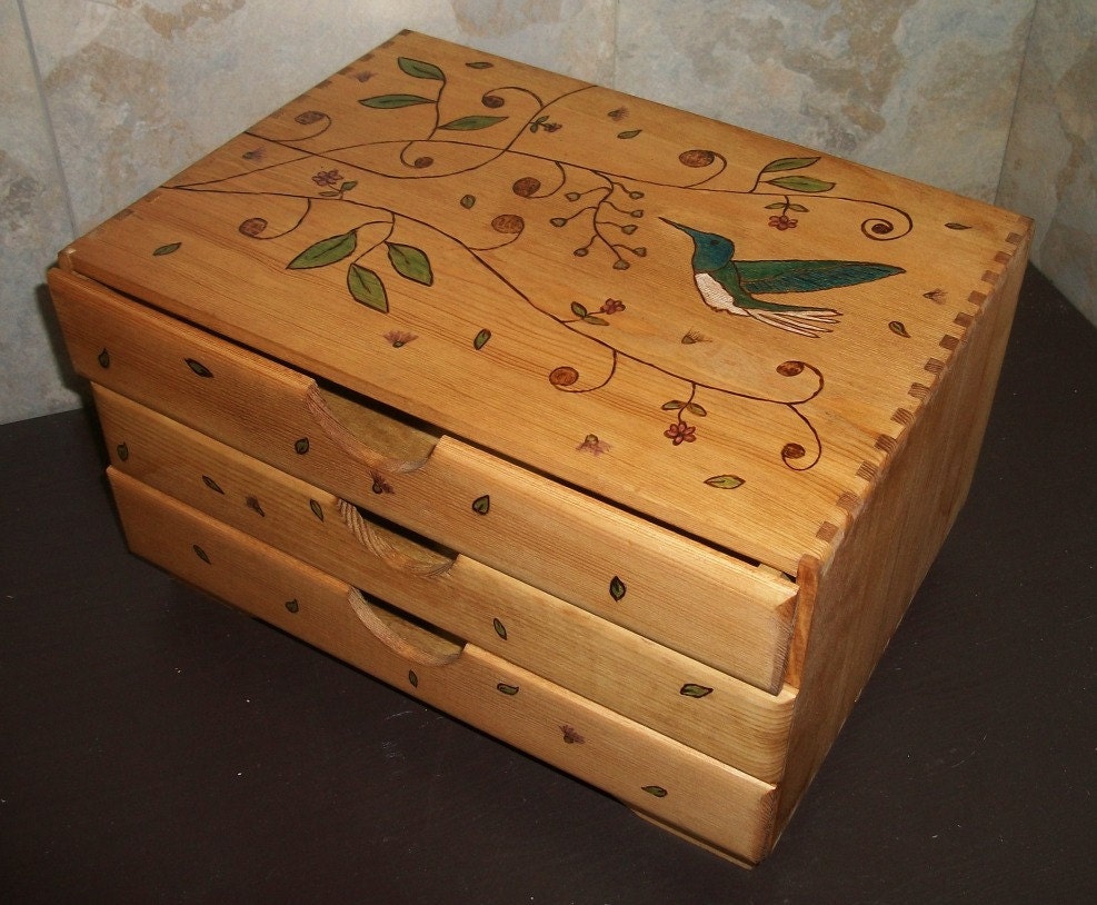 Wood Hummingbird  Organizer with 3 Drawers