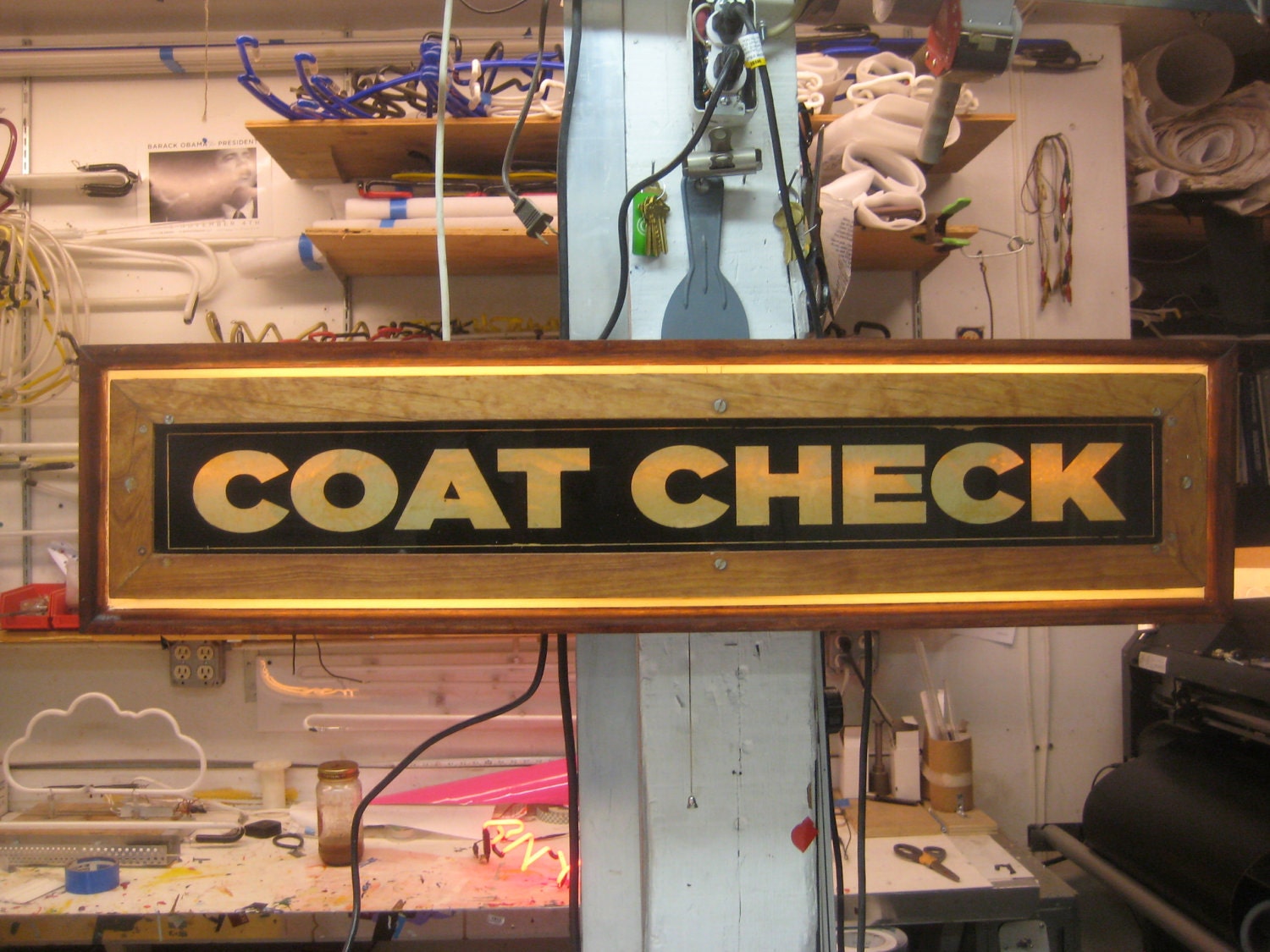 Custom Handmade Wood and Neon COAT CHECK Sign - Hanging