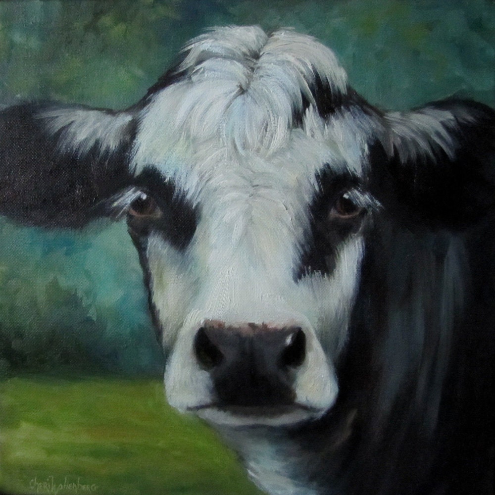Cow Oil Painting Felix 12x12 Canvas Black Baldie Original Painting by Cheri Wollenberg