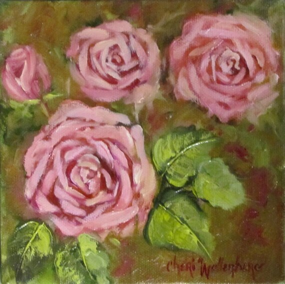 Pink Cabbage Roses Small 6x6 Original Oil by OilPaintingsByCheri