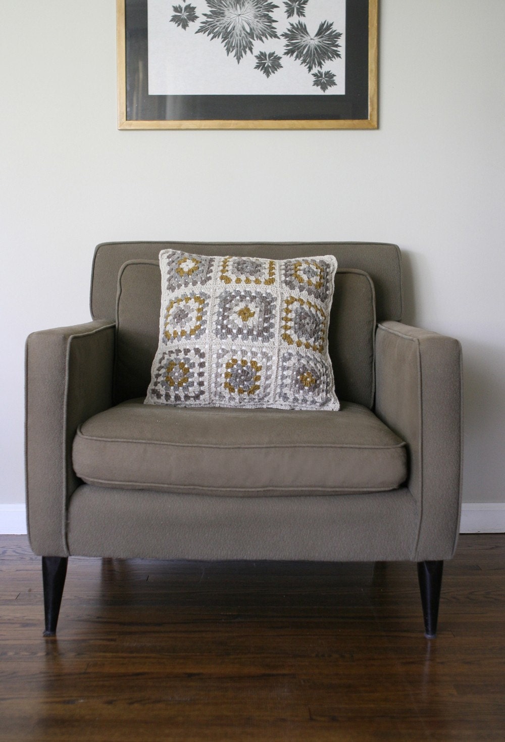 Hand Crocheted Granny Squares Cushion Cover. Wool, in Oats and Honey.