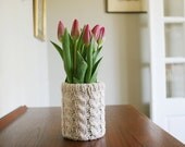 Hand Knit, Cotton Vase Cozy, in Wheat.
