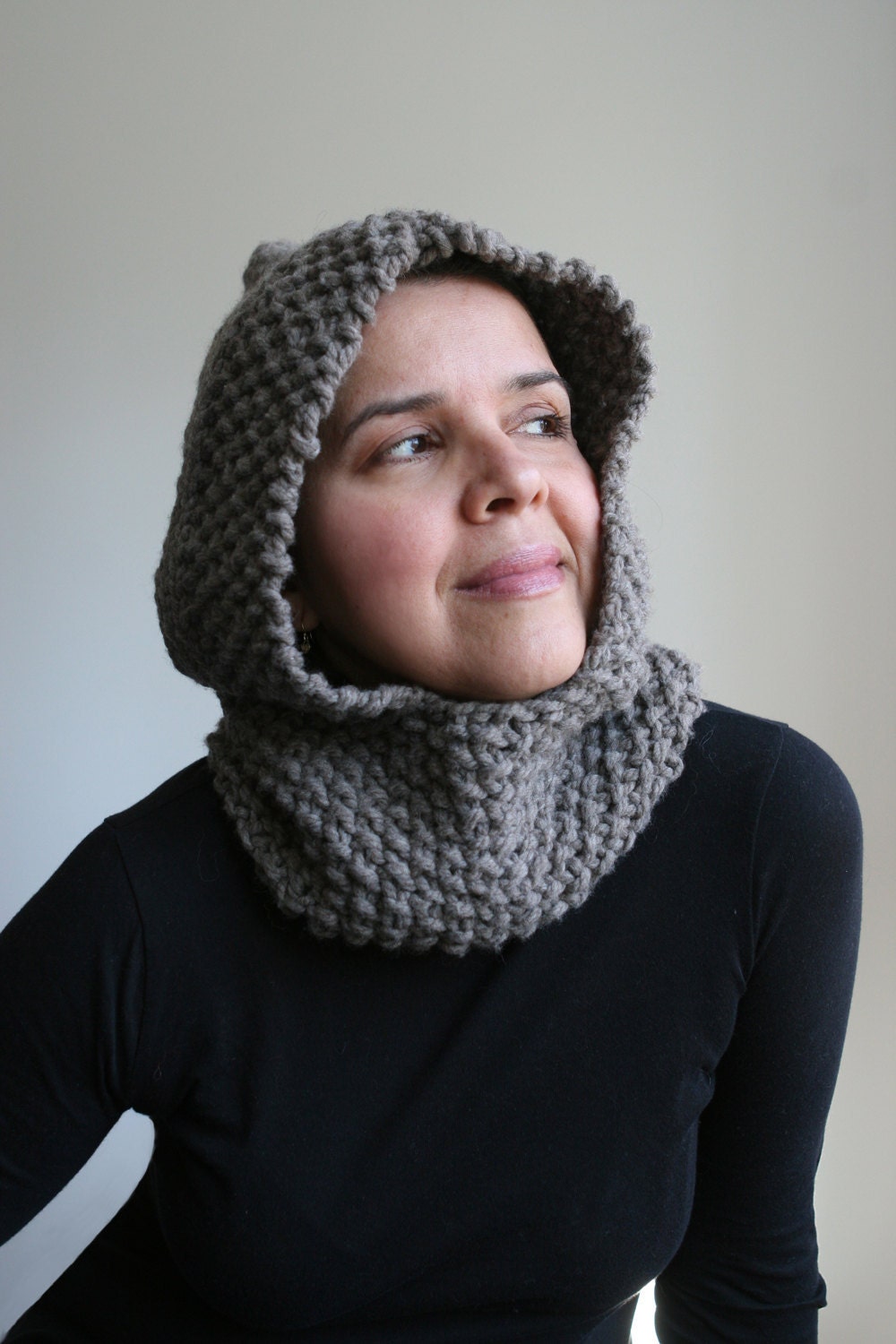 Hand Knit, Hooded Cowl. Soft Merino Wool, in Undyed Barley.