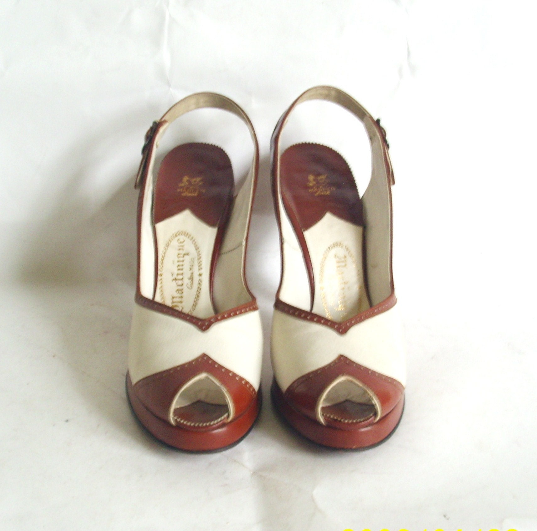 sz 7 vintage 1940s slingback spectator peep toe shoes Mortinique custom made inbrown and white leather