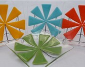 Fused Blown Glass Hand Cut Modern or Mid Century Floral Plates Appetizers or Desserts