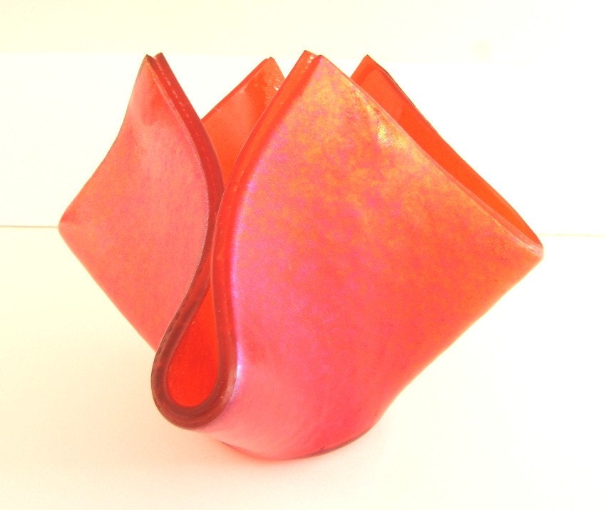 Orange Pink Iridescent Art Glass Flower Vase l Candy Dish l Candle Holder
