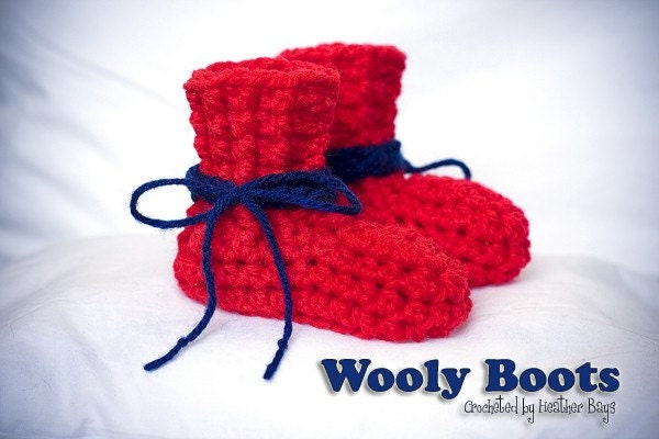 Wooly Boots. Crocheted Baby Booties. High Tops & Ankle Boot in One for 3 to 6 months. Vibrant Red with Navy Blue Ties.