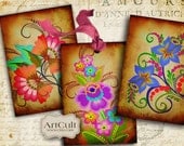 FLORAL TAGS - Printable Digital Collage Sheet 2.5x3.5 inch size Jewelry holders Gift Tags Greeting cards Scrapbooking