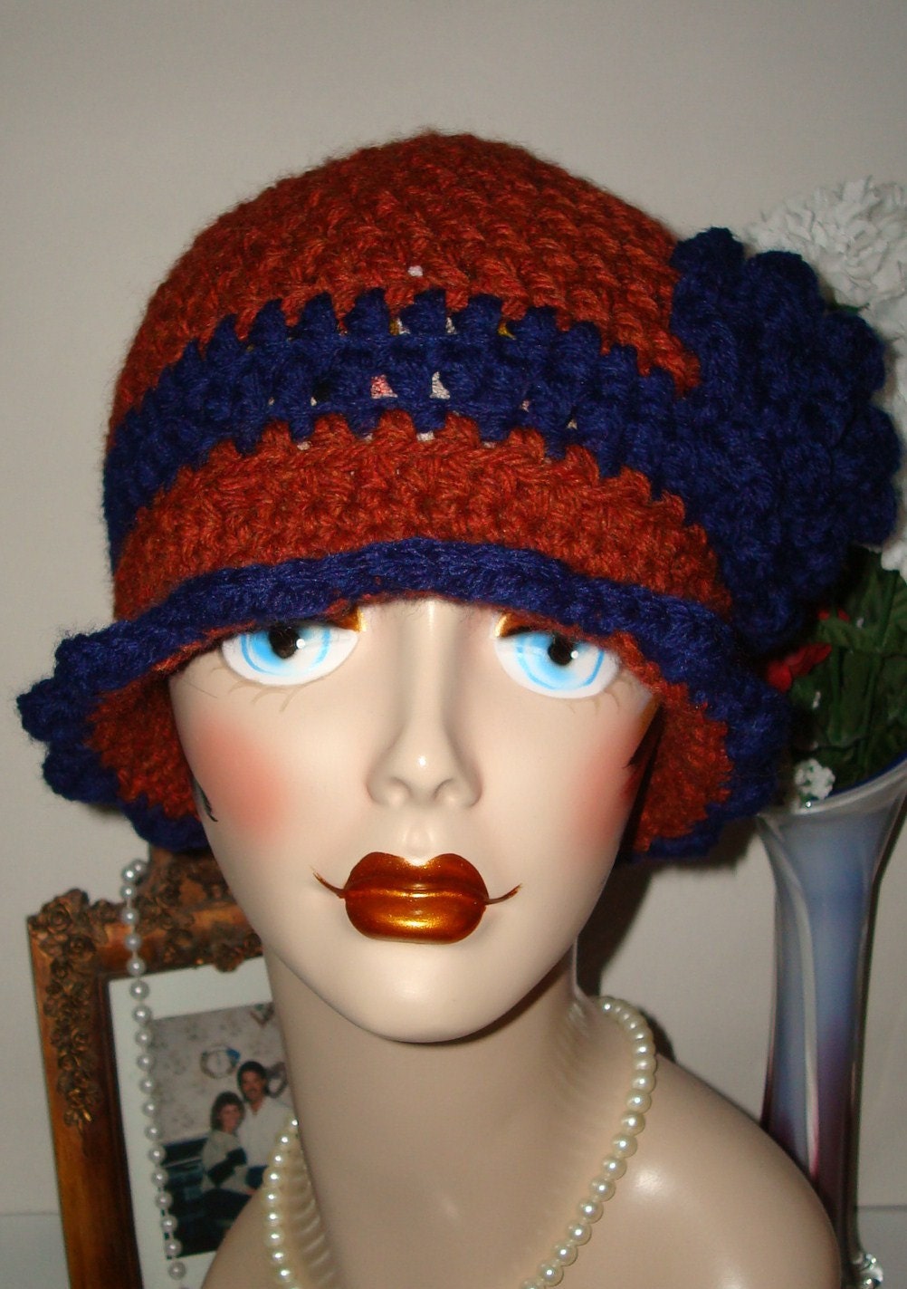 Hand Crochet Warm & Soft Wool Blended Edwardin Vintage Style Cloche Flapper with Matching Rose Flower