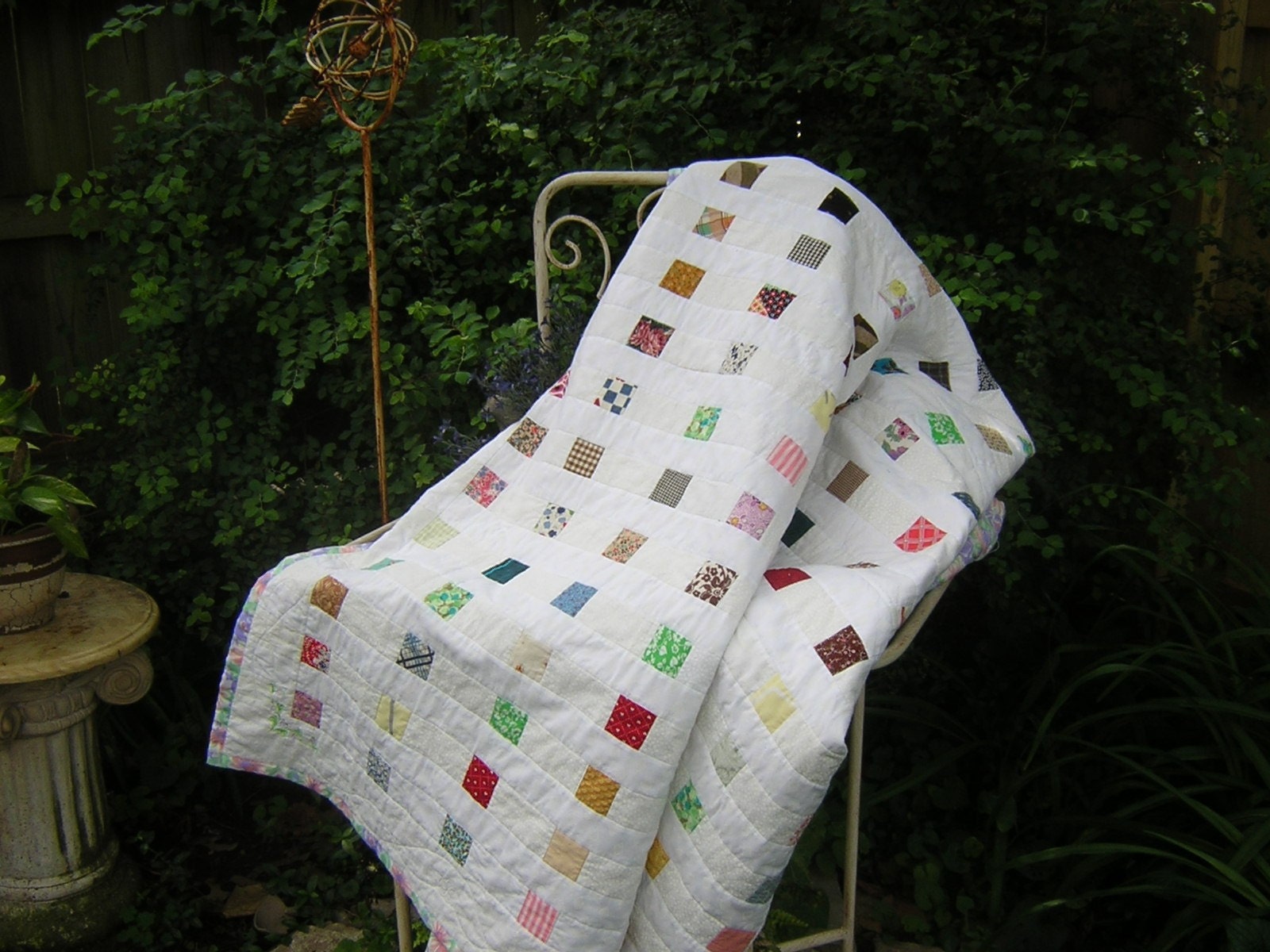Free Ship USA Shabby Chic Quilt - Vintage Squares - Embroidered Details