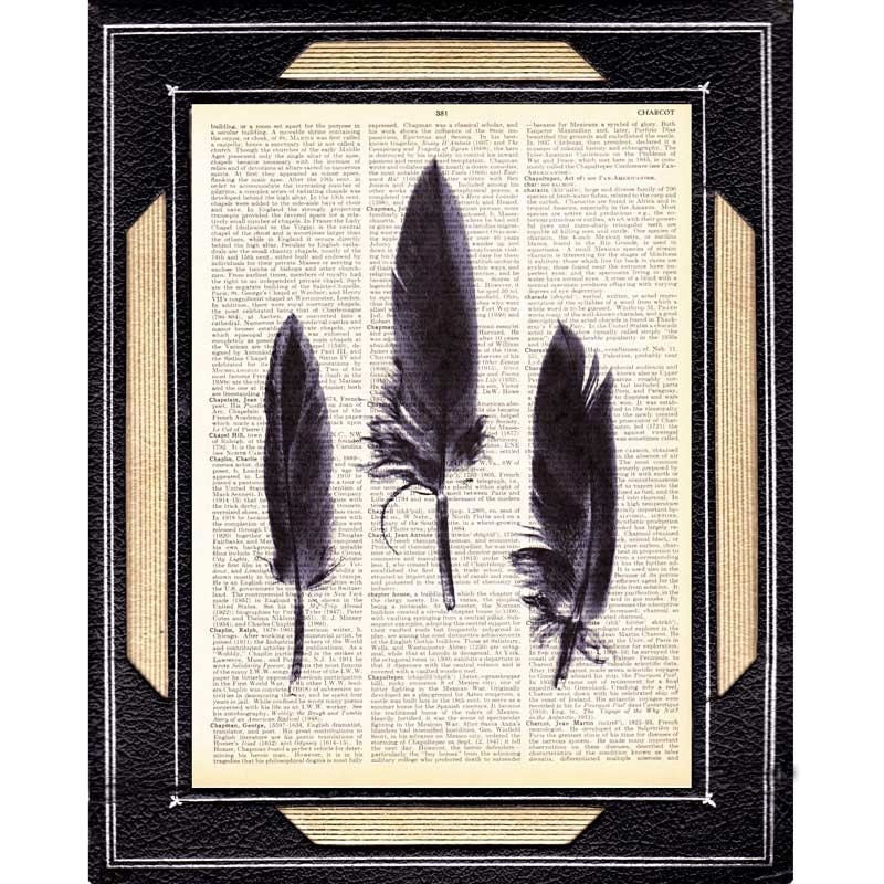 CROW FEATHERS art print bird feather black woodland plume raven, upcycled dictionary print book page art print dictionary art print 8x10