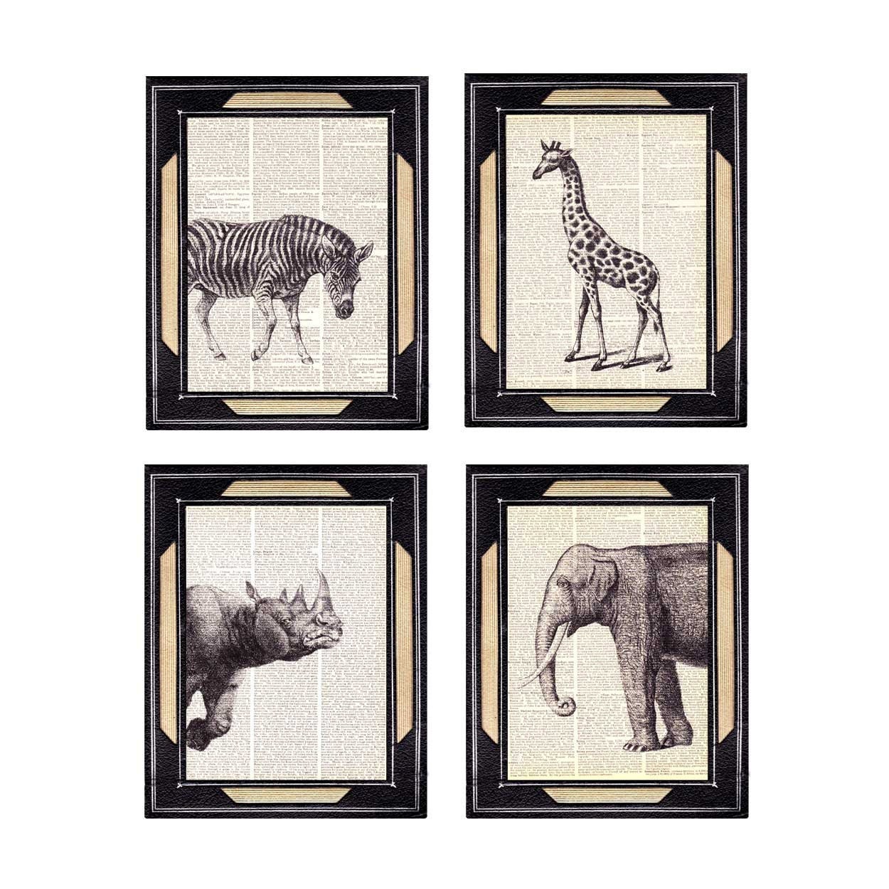 AFRICAN ANIMALS SAFARI art print on vintage dictionary page zebra elephant giraffe rhinoceros rhino wall art black white woodland