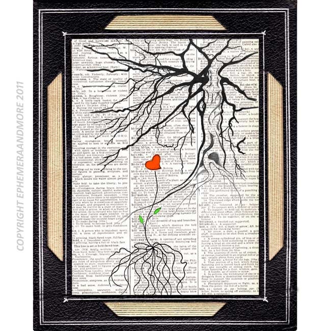 NEW BEGINNING original mixed media on book page dictionary print on dictionary book page art print 8x10 love tree red heart