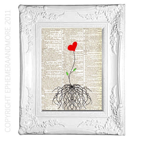 Dictionary print SEED OF LOVE original mixed media on vintage dictionary page red heart plant roots book page art print dictionary art print