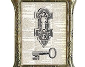 Victorian KEYHOLE and SKELETON KEY art print on vintage dictionary book page Edwardian Door Lock wall decor 8x10