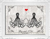 Beach Wedding OCTOPUS COUPLE They Said I Do book page art print on dictionary print 8x10 handmade upcycled recycled black white red