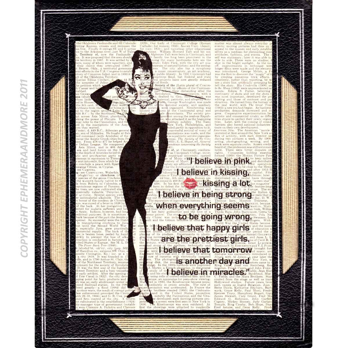 AUDREY HEPBURN art on dictionary print Breakfast at Tiffany's book page art print black white red 8x10