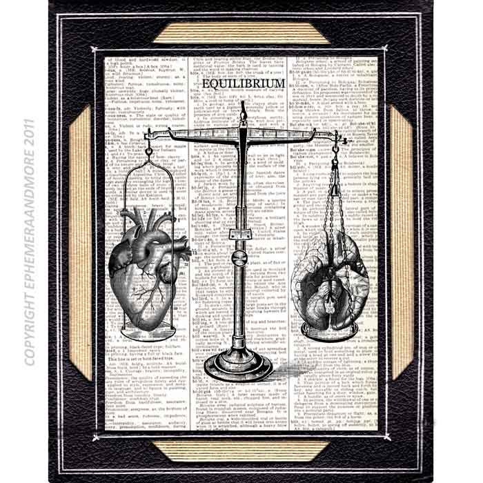 Dictionary print EQUILIBRIUM human HEART BRAIN on dictionary book page art print upcycled libra balance scale black white 8x10