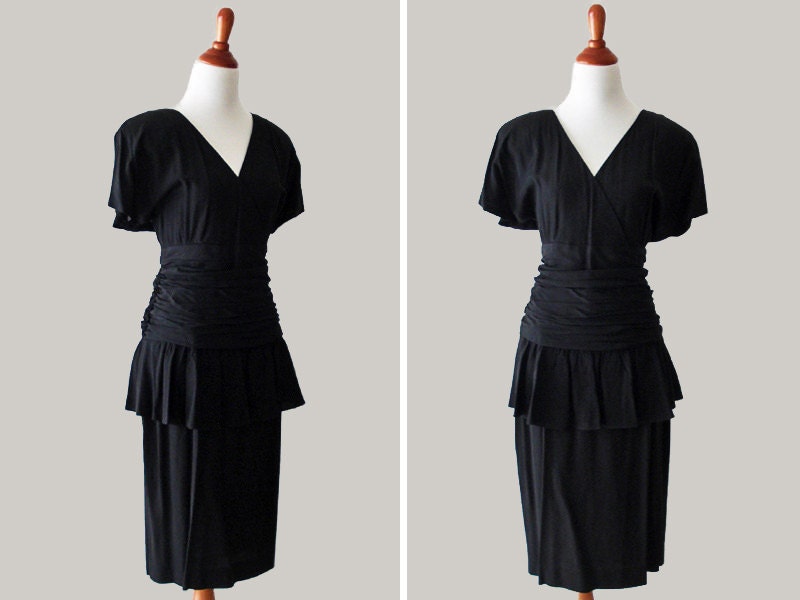 Vintage Little Black Dress - Peplum LBD 80s Spring Fashion - Bridesmaid Dress