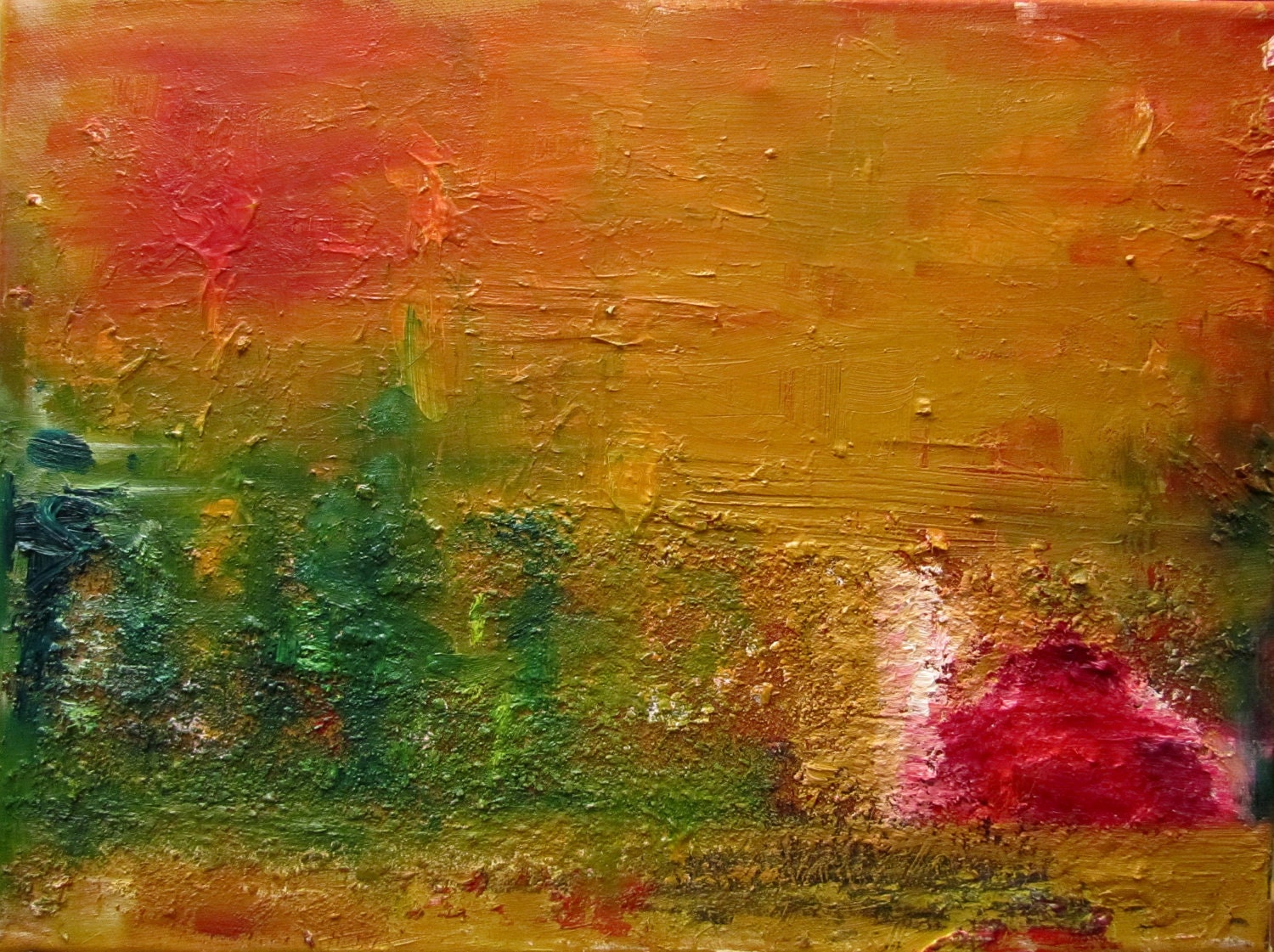 original painting of a red barn in fall-time, oil on canvas, abstract landscape, textured